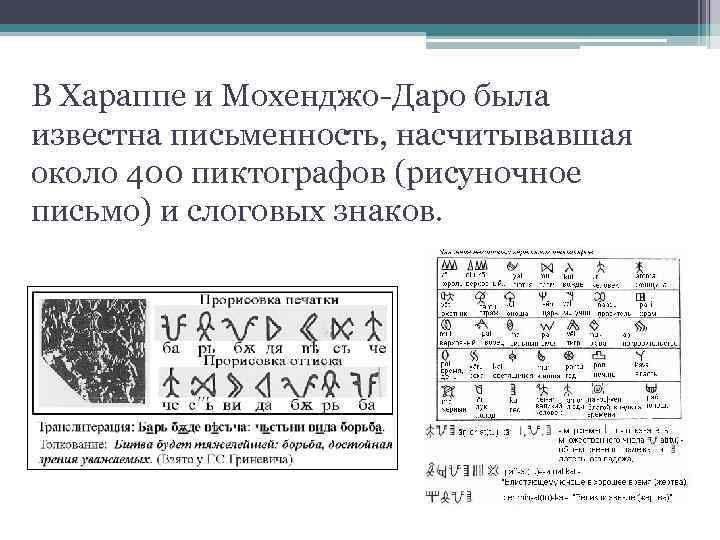 В Хараппе и Мохенджо-Даро была известна письменность, насчитывавшая около 400 пиктографов (рисуночное письмо) и