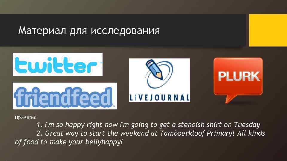 Материал для исследования Примеры: 1. I'm so happy right now I'm going to get