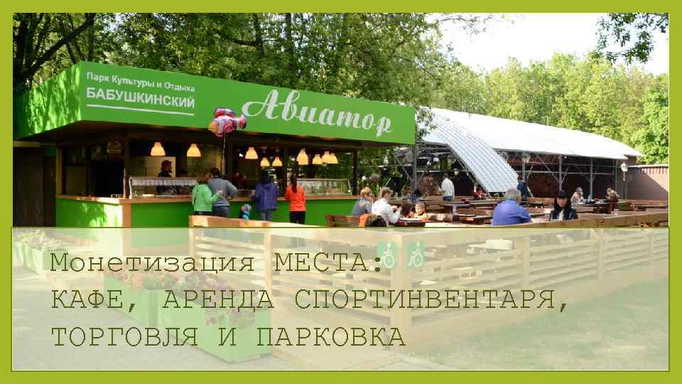 Монетизация МЕСТА: КАФЕ, АРЕНДА СПОРТИНВЕНТАРЯ, ТОРГОВЛЯ И ПАРКОВКА 