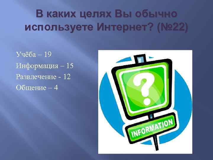 В каких целях Вы обычно используете Интернет? (№ 22) Учёба – 19 Информация –