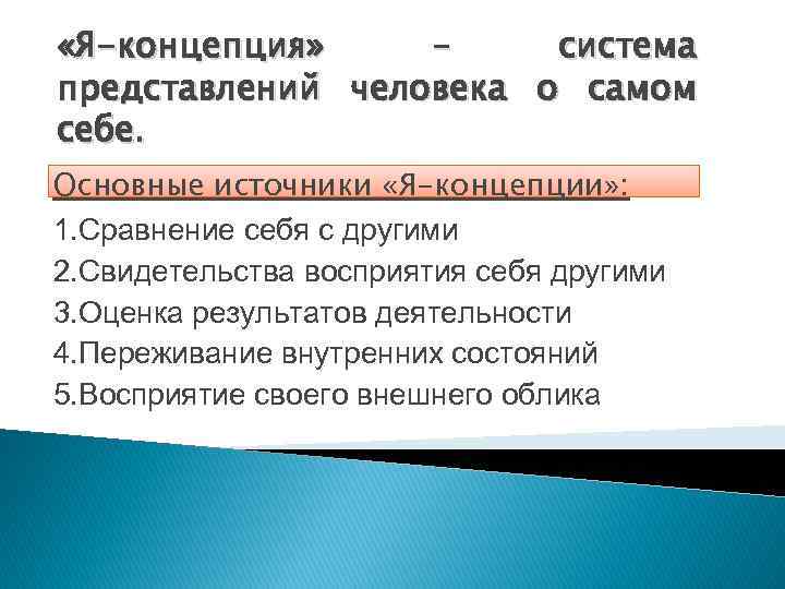  «Я-концепция» – система представлений человека о самом себе. Основные источники «Я-концепции» : 1.