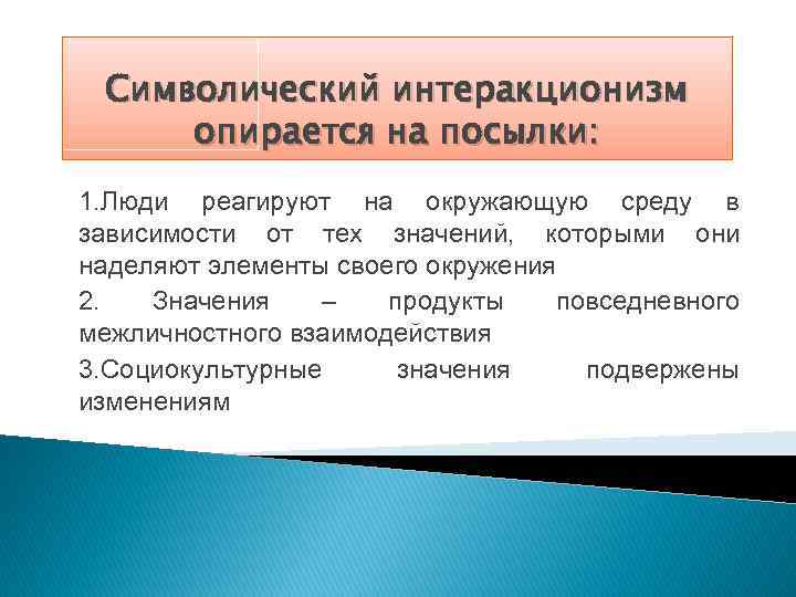 Символический интеракционизм опирается на посылки: 1. Люди реагируют на окружающую среду в зависимости от