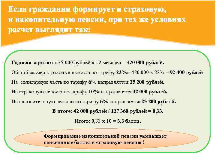 Если гражданин формирует и страховую, и накопительную пенсии, при тех же условиях расчет выглядит