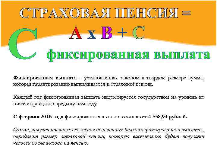 СТРАХОВАЯ ПЕНСИЯ = С Ах. В+С фиксированная выплата Фиксированная выплата – установленная законом в