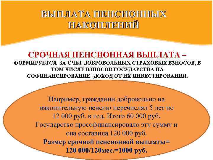 ВЫПЛАТА ПЕНСИОННЫХ НАКОПЛЕНИЙ СРОЧНАЯ ПЕНСИОННАЯ ВЫПЛАТА – ФОРМИРУЕТСЯ ЗА СЧЕТ ДОБРОВОЛЬНЫХ СТРАХОВЫХ ВЗНОСОВ, В