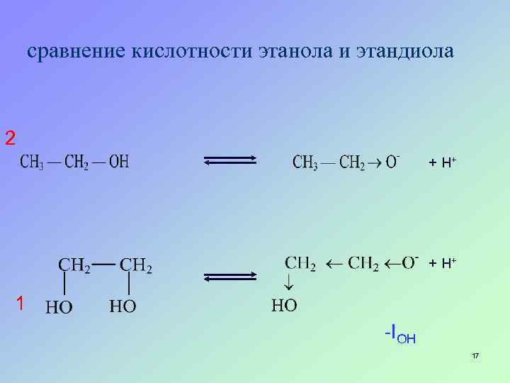 сравнение кислотности этанола и этандиола 2 + H+ 1 -IOH 17 