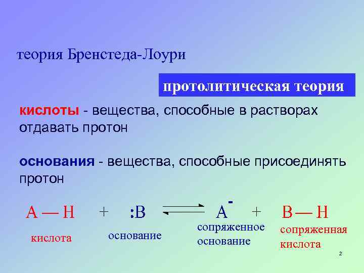 теория Бренстеда-Лоури протолитическая теория кислоты - вещества, способные в растворах отдавать протон основания -