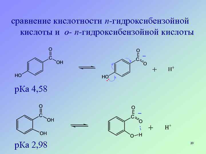 сравнение кислотности п-гидроксибензойной кислоты и о- п-гидроксибензойной кислоты р. Ка 4, 58 р. Ка