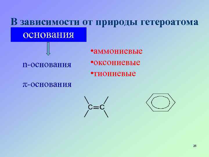 В зависимости от природы гетероатома основания n-основания • аммониевые • оксониевые • тиониевые π-основания