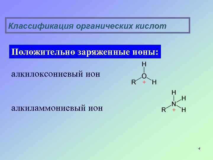 Классификация органических кислот Положительно заряженные ионы: алкилоксониевый ион алкиламмониевый ион 4 
