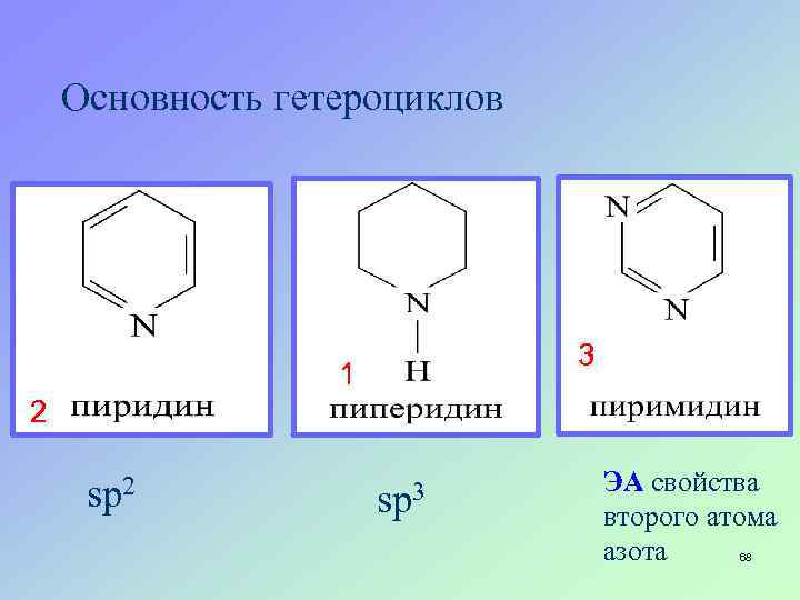 Основность гетероциклов 3 1 2 sp 3 ЭА свойства второго атома азота 68 