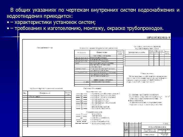 В общих указаниях по чертежам внутренних систем водоснабжения и водоотведения приводится: • – характеристики