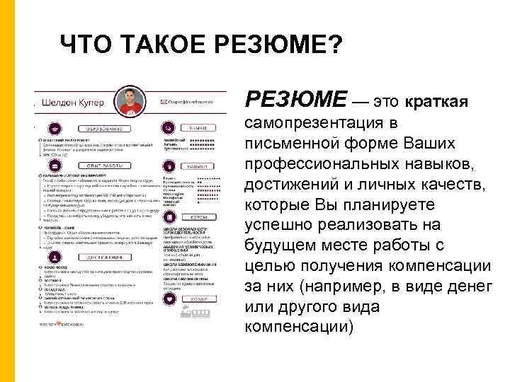 ЧТО ТАКОЕ РЕЗЮМЕ? РЕЗЮМЕ — это краткая самопрезентация в письменной форме Ваших профессиональных навыков,