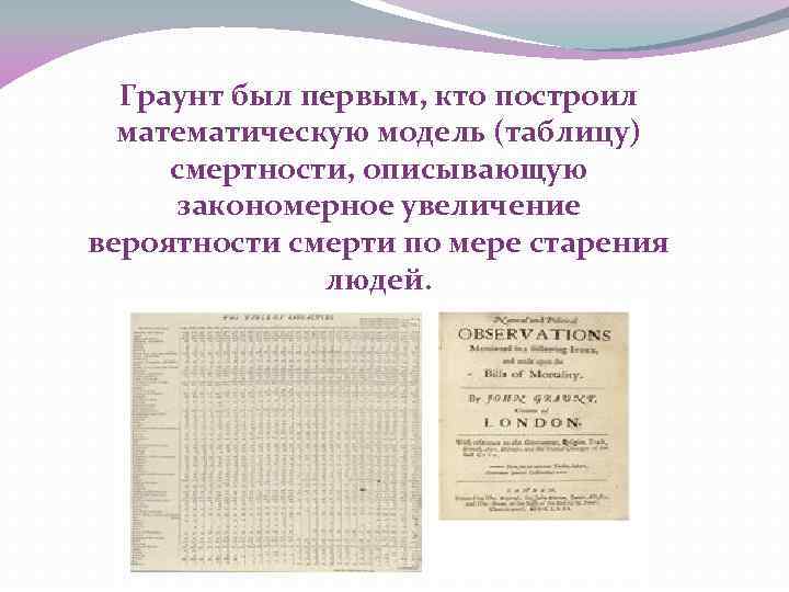 Граунт был первым, кто построил математическую модель (таблицу) смертности, описывающую закономерное увеличение вероятности смерти