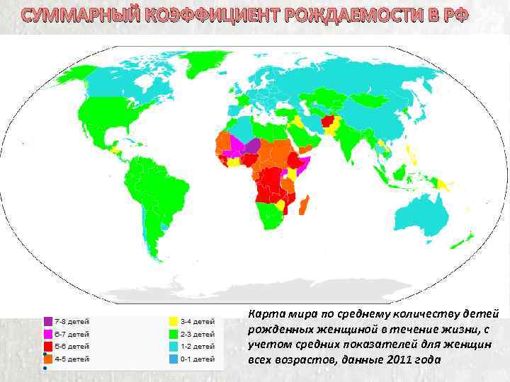 СУММАРНЫЙ КОЭФФИЦИЕНТ РОЖДАЕМОСТИ В РФ Карта мира по среднему количеству детей рожденных женщиной в