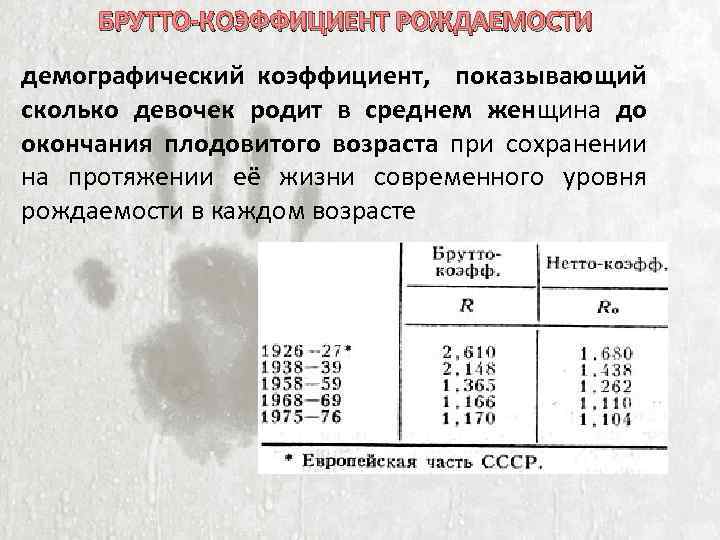 БРУТТО-КОЭФФИЦИЕНТ РОЖДАЕМОСТИ демографический коэффициент, показывающий сколько девочек родит в среднем женщина до окончания плодовитого