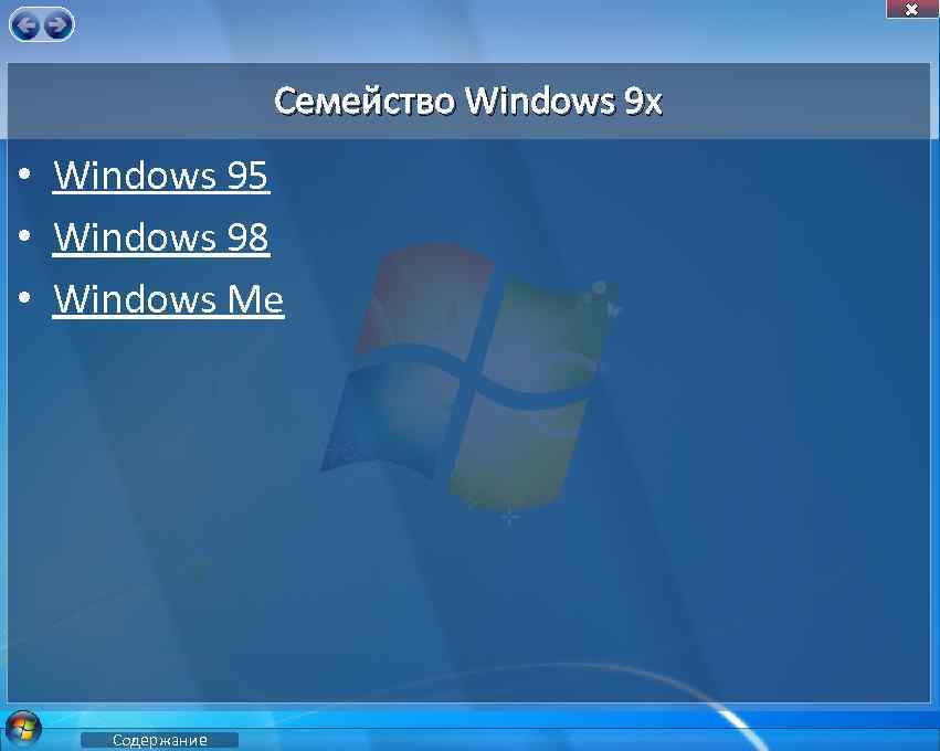 Семейство Windows 9 x • Windows 95 • Windows 98 • Windows Me Содержание
