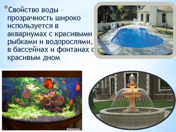 *Свойство воды – прозрачность широко используется в аквариумах с красивыми рыбками и водорослями, в