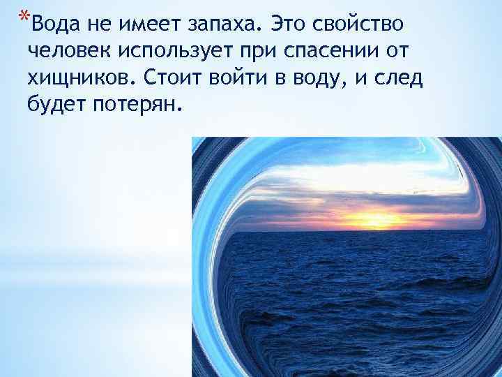 *Вода не имеет запаха. Это свойство человек использует при спасении от хищников. Стоит войти