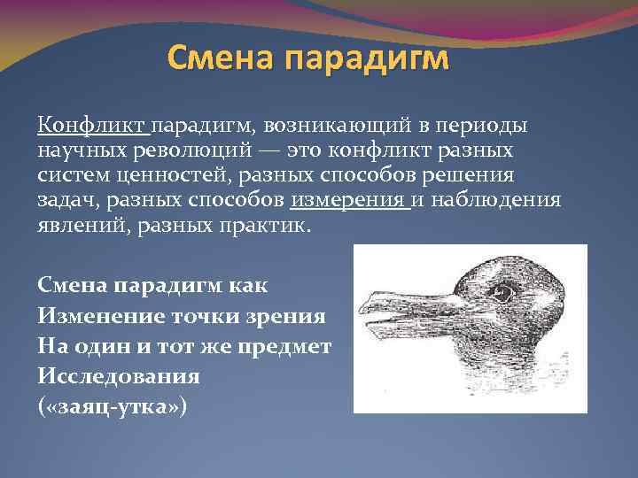 Смена парадигм Конфликт парадигм, возникающий в периоды научных революций — это конфликт разных систем