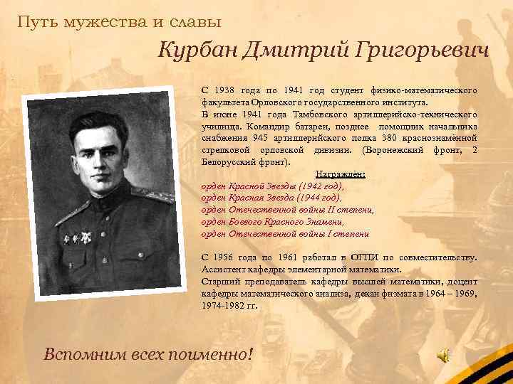 Путь мужества и славы Курбан Дмитрий Григорьевич С 1938 года по 1941 год студент