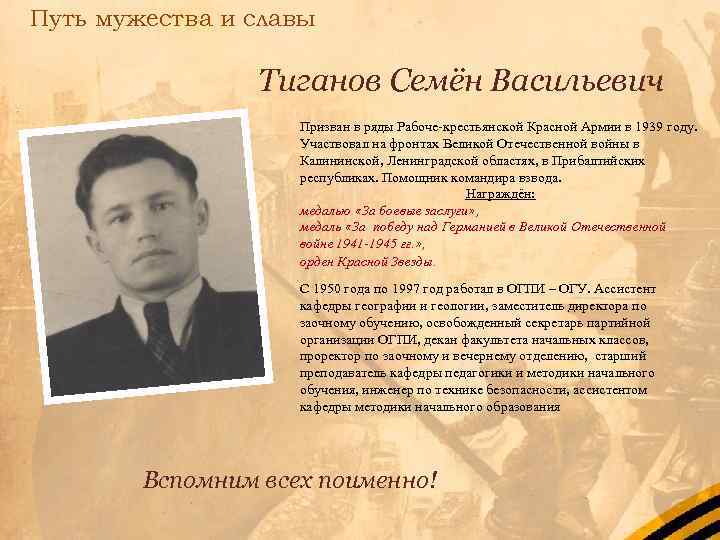 Путь мужества и славы Тиганов Семён Васильевич Призван в ряды Рабоче-крестьянской Красной Армии в
