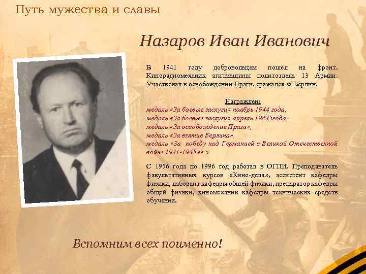Путь мужества и славы Назаров Иванович В 1941 году добровольцем пошёл на фронт. Кинорадиомеханик