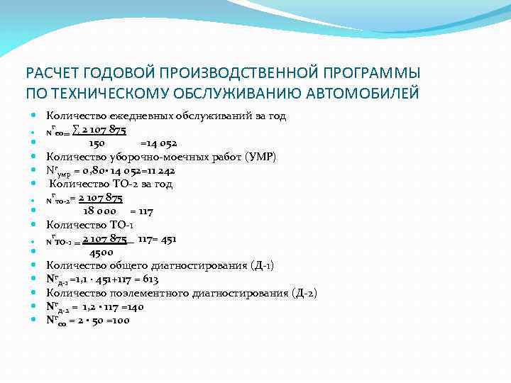 РАСЧЕТ ГОДОВОЙ ПРОИЗВОДСТВЕННОЙ ПРОГРАММЫ ПО ТЕХНИЧЕСКОМУ ОБСЛУЖИВАНИЮ АВТОМОБИЛЕЙ Количество ежедневных обслуживаний за год г