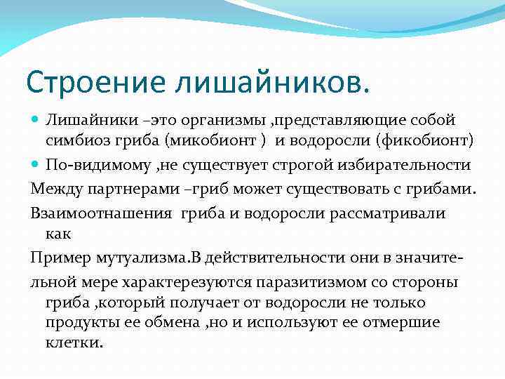 Строение лишайников. Лишайники –это организмы , представляющие собой симбиоз гриба (микобионт ) и водоросли