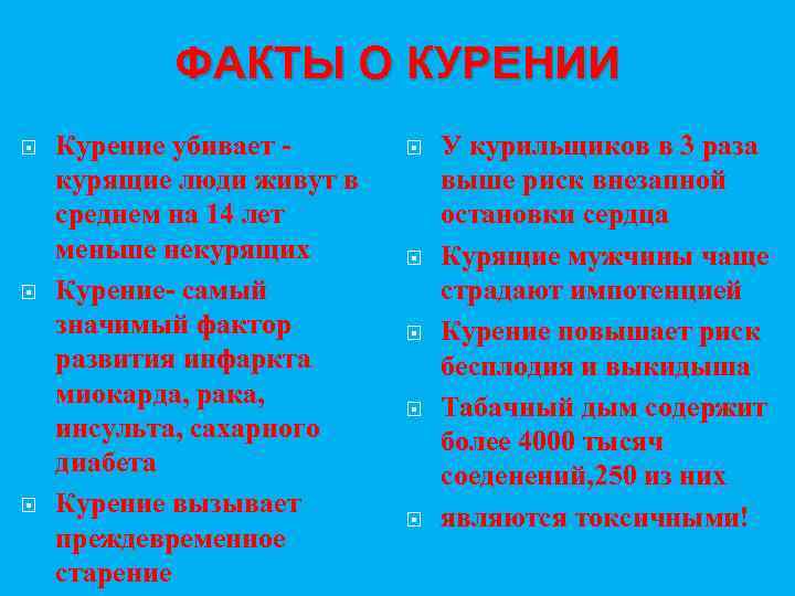 ФАКТЫ О КУРЕНИИ Курение убивает курящие люди живут в среднем на 14 лет меньше