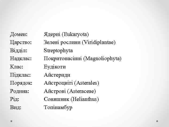 Домен: Царство: Відділ: Надклас: Клас: Підклас: Порядок: Родина: Рід: Вид: Ядерні (Eukaryota) Зелені рослини