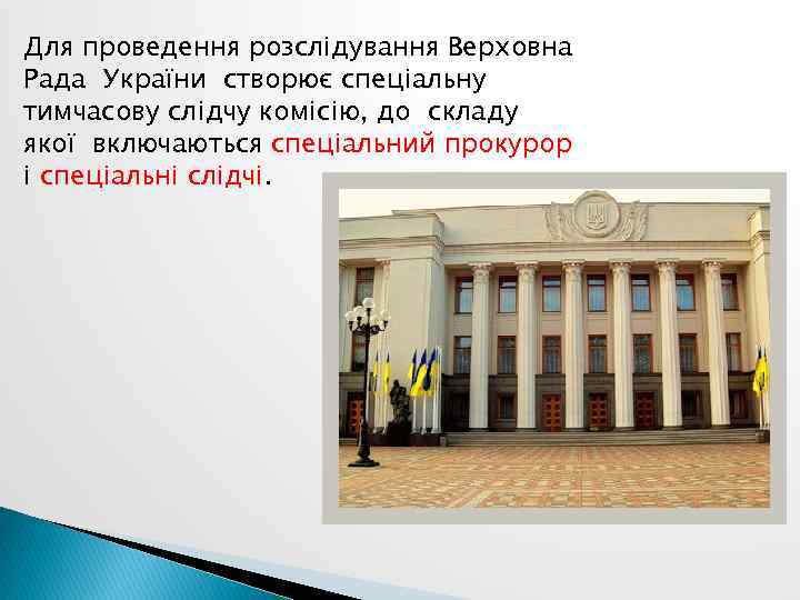 Для проведення розслідування Верховна Рада України створює спеціальну тимчасову слідчу комісію, до складу якої