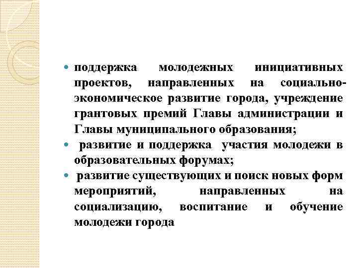 поддержка молодежных инициативных проектов, направленных на социальноэкономическое развитие города, учреждение грантовых премий Главы администрации