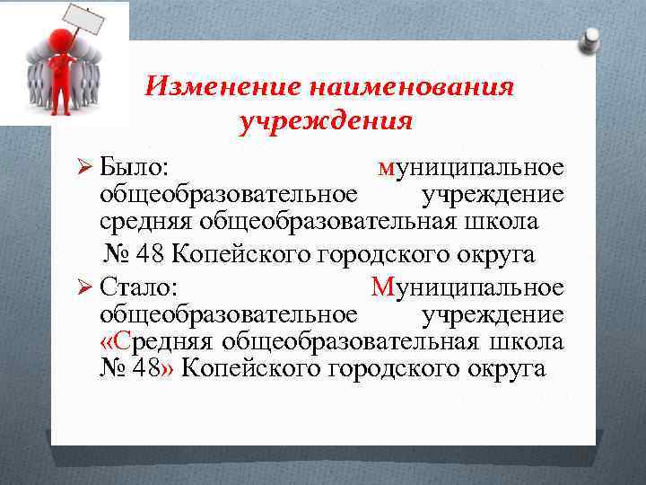 Изменение наименования учреждения Было: муниципальное общеобразовательное учреждение средняя общеобразовательная школа № 48 Копейского городского