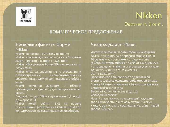 Nikken Discover it. Live it. КОММЕРЧЕСКОЕ ПРЕДЛОЖЕНИЕ Несколько фактов о фирме Nikken: - -