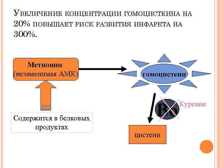 УВЕЛИЧЕНИЕ КОНЦЕНТРАЦИИ ГОМОЦИСТЕИНА НА 20% ПОВЫШАЕТ РИСК РАЗВИТИЯ ИНФАРКТА НА 300%. Метионин (незаменимая АМК)