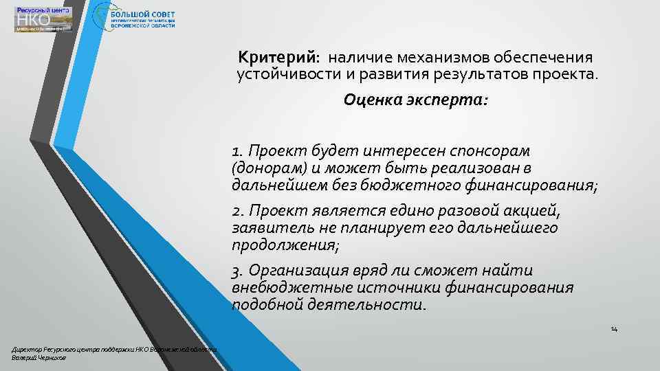 Критерий: наличие механизмов обеспечения устойчивости и развития результатов проекта. Оценка эксперта: 1. Проект будет