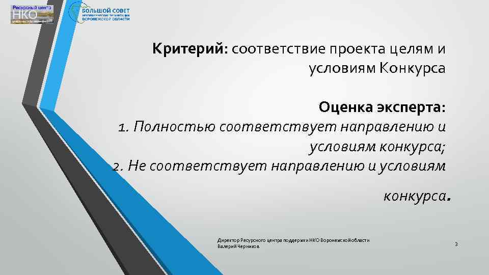 Критерий: соответствие проекта целям и условиям Конкурса Оценка эксперта: 1. Полностью соответствует направлению и