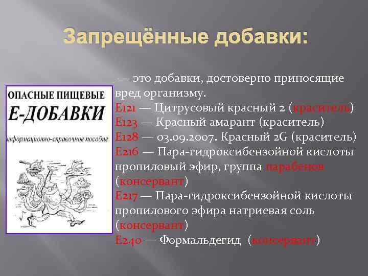 Запрещённые добавки: — это добавки, достоверно приносящие вред организму. E 121 — Цитрусовый красный