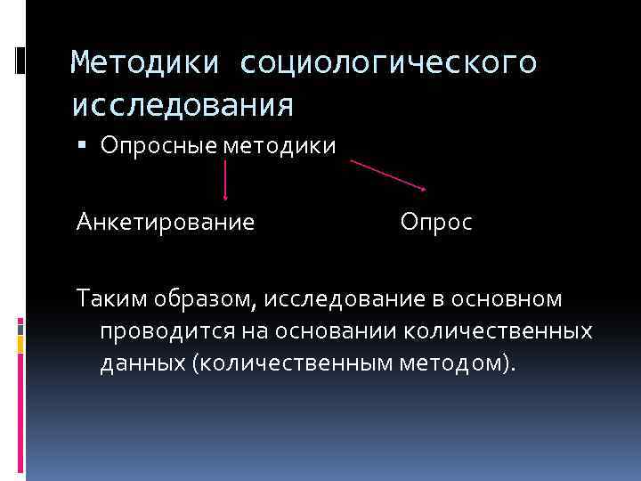 Методики социологического исследования Опросные методики Анкетирование Опрос Таким образом, исследование в основном проводится на