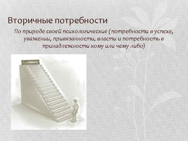 Вторичные потребности По природе своей психологические (потребности в успехе, уважении, привязанности, власти и потребность