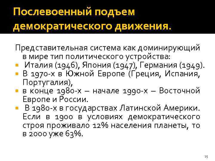 Послевоенный подъем демократического движения. Представительная система как доминирующий в мире тип политического устройства: Италия