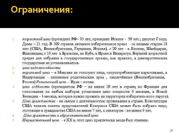 Ограничения: 1. 2. 3. 4. 5. 6. 7. возрастной ценз (президент РФ– 35 лет,