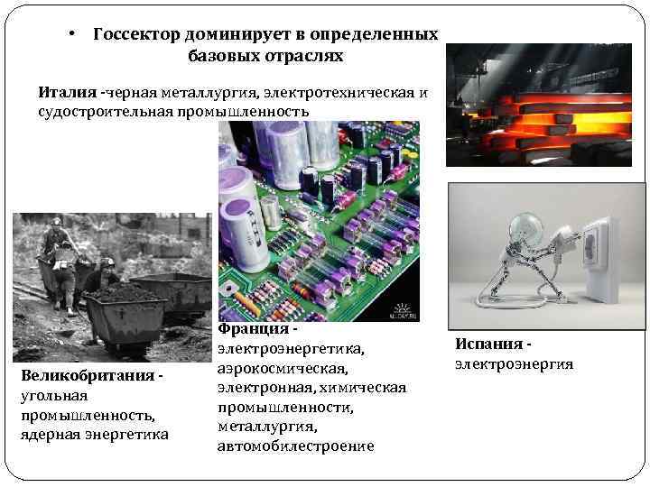  • Госсектор доминирует в определенных базовых отраслях Италия -черная металлургия, электротехническая и судостроительная