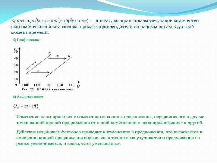 Кривая предложения (supply curve) — кривая, которая показывает, какое количество экономического блага готовы, продать
