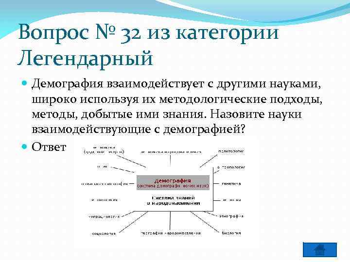 Вопрос № 32 из категории Легендарный Демография взаимодействует с другими науками, широко используя их