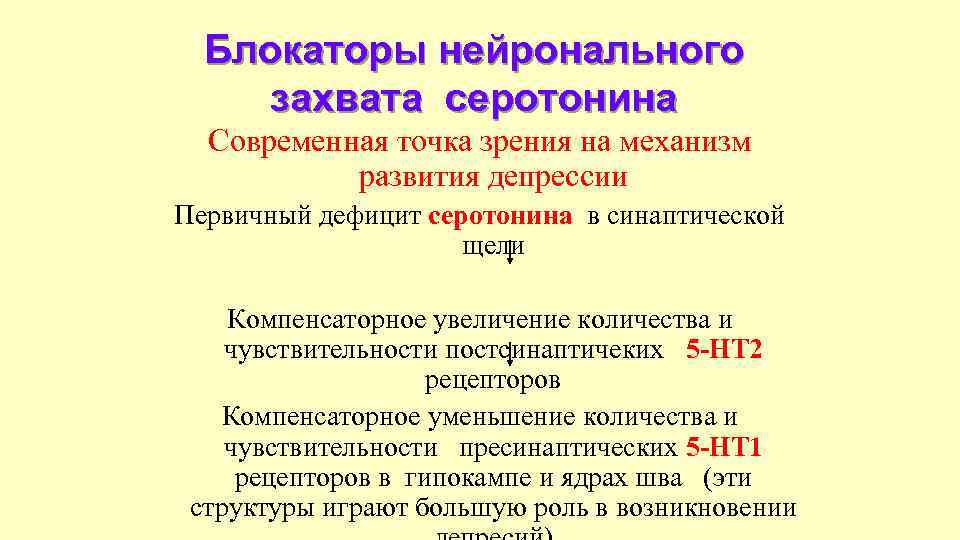 Блокаторы нейронального захвата серотонина Современная точка зрения на механизм развития депрессии Первичный дефицит серотонина