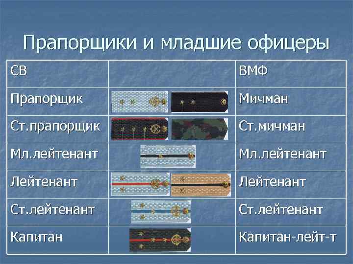 Прапорщики и младшие офицеры СВ ВМФ Прапорщик Мичман Ст. прапорщик Ст. мичман Мл. лейтенант