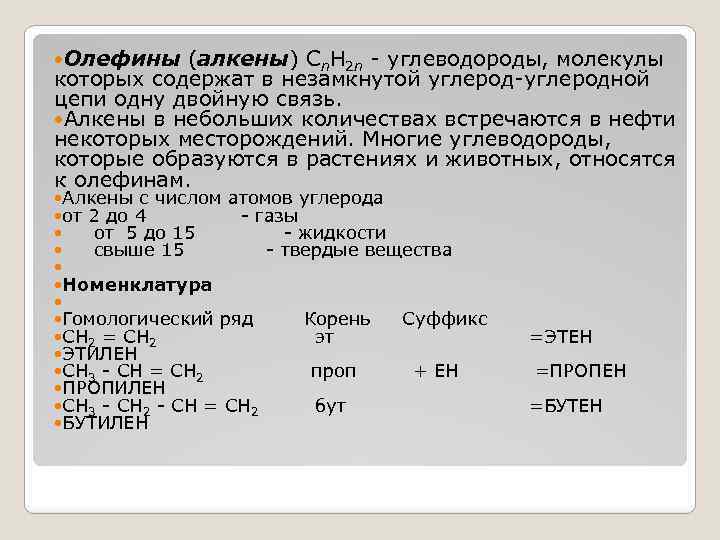  Олефины (алкены) Сn. H 2 n - углеводороды, молекулы которых содержат в незамкнутой