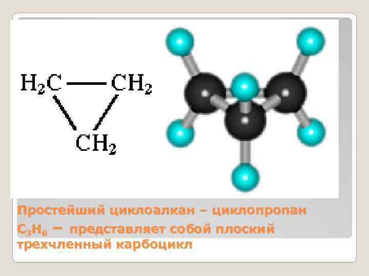 Простейший циклоалкан – циклопpопан С 3 Н 6 – представляет собой плоский трехчленный карбоцикл